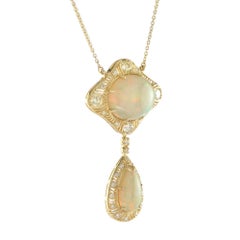 Duo Ethiopian Opal & Diamond Pendant Antique Style 18K Yellow Gold Necklace