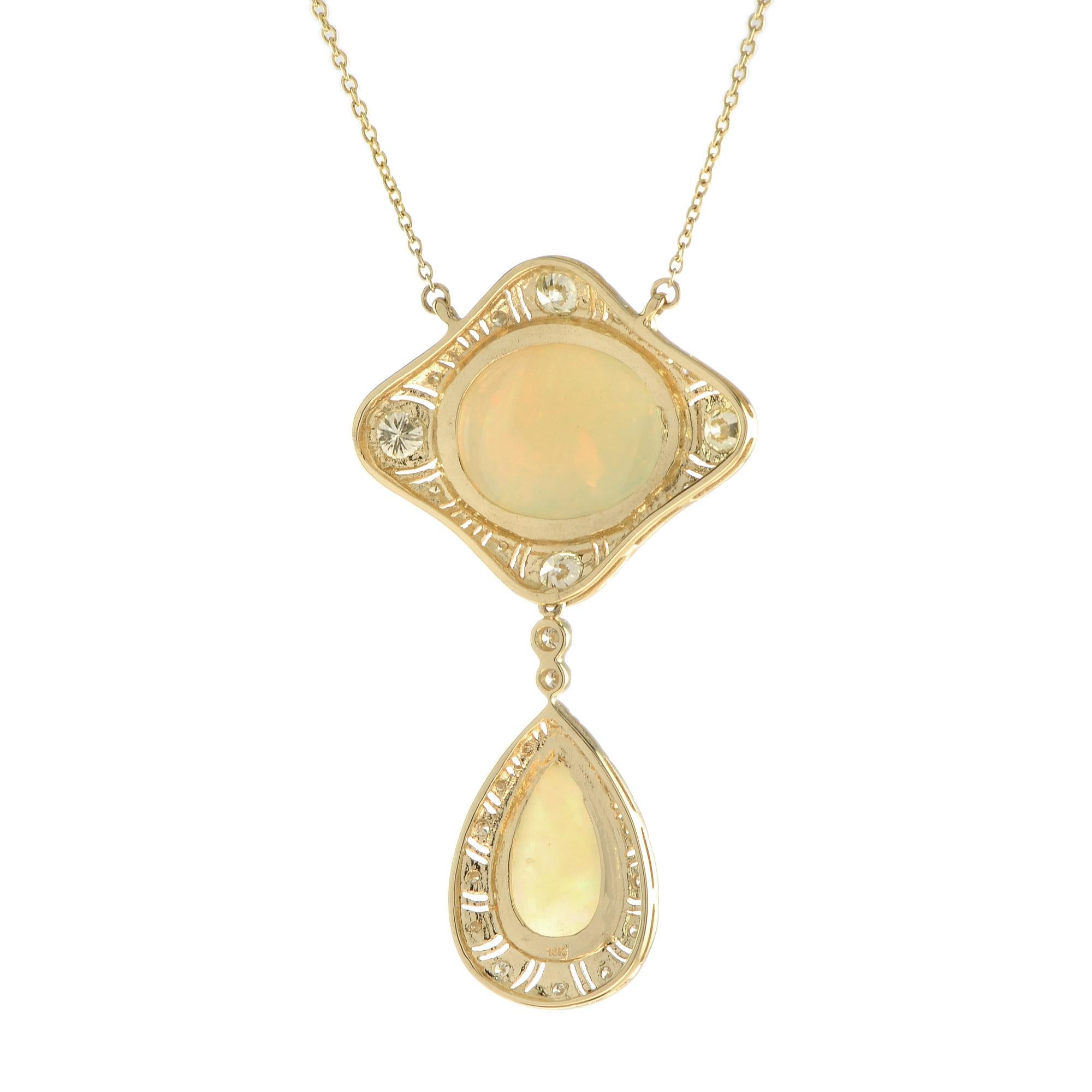 Cabochon Duo Ethiopian Opal & Diamond Pendant Antique Style 18K Yellow Gold Necklace in vendita