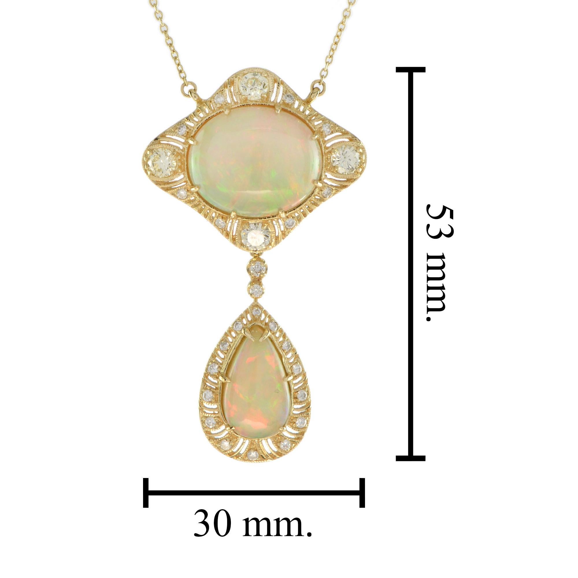 Donna Duo Ethiopian Opal & Diamond Pendant Antique Style 18K Yellow Gold Necklace in vendita