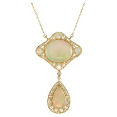Duo Ethiopian Opal & Diamond Pendant Antique Style 18K Yellow Gold Necklace