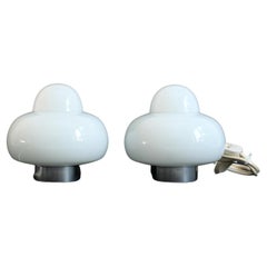 Vintage DUO /// Mid Century modern white Glass Table Lamp Italy 1970s. (16x16x16cm). 