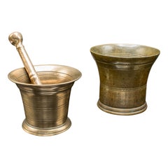 Duo Of Antique Mortars, Pestle, English, Bronze, Apothecary Aid, Early Georgian