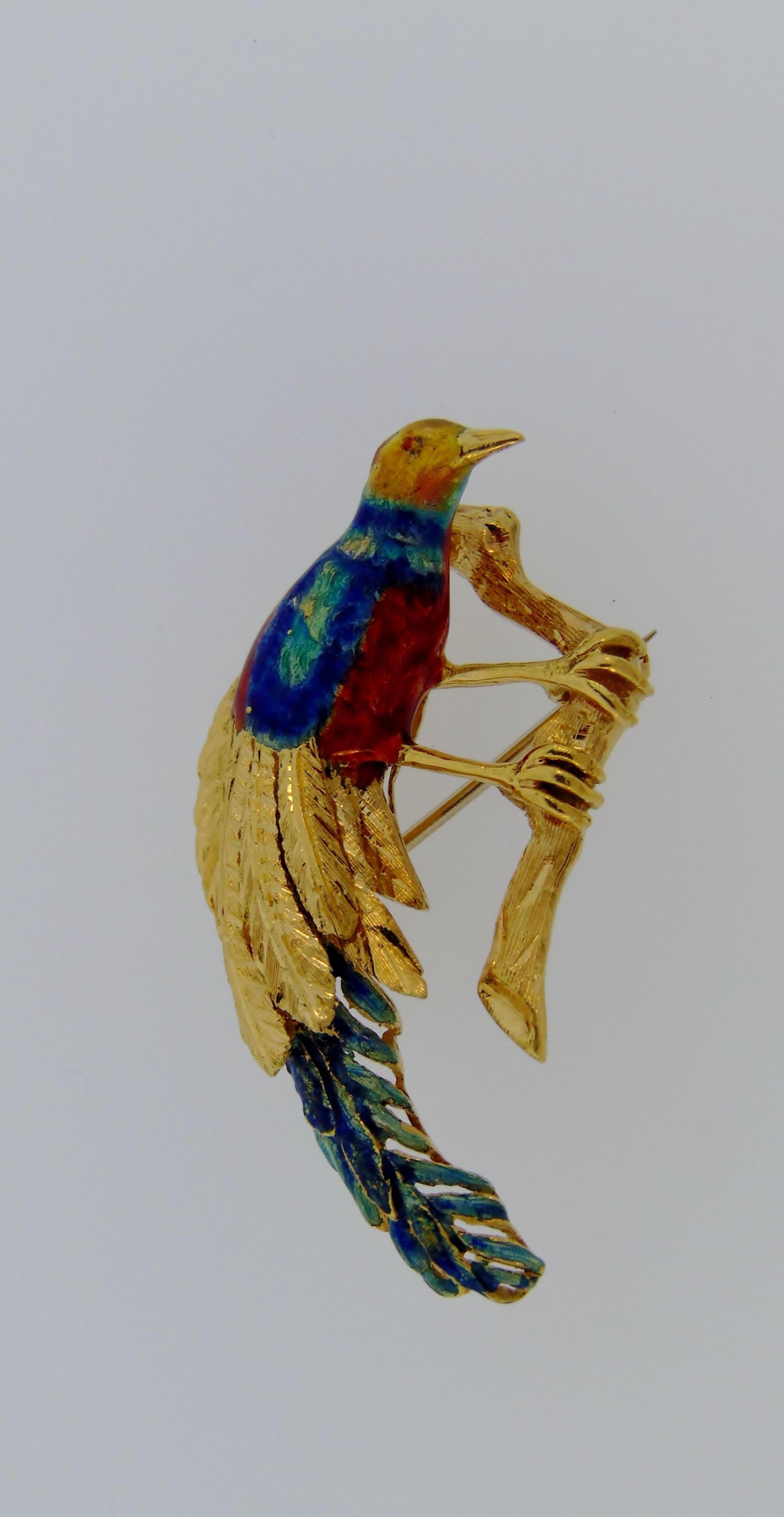 Round Cut Duo of Enamel Tropical Bird Brooches