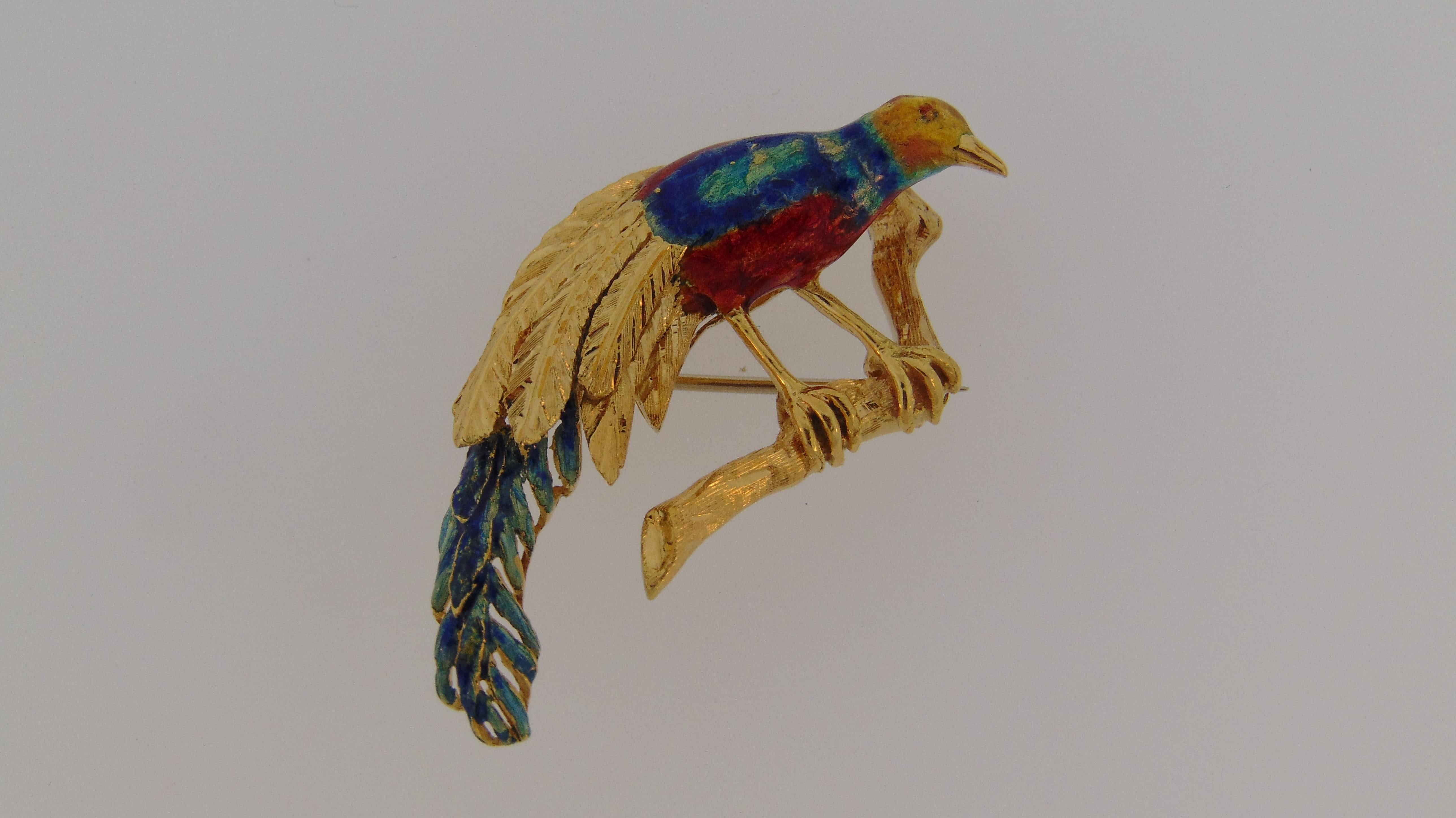 Duo of Enamel Tropical Bird Brooches In Good Condition In Delray Beach, FL