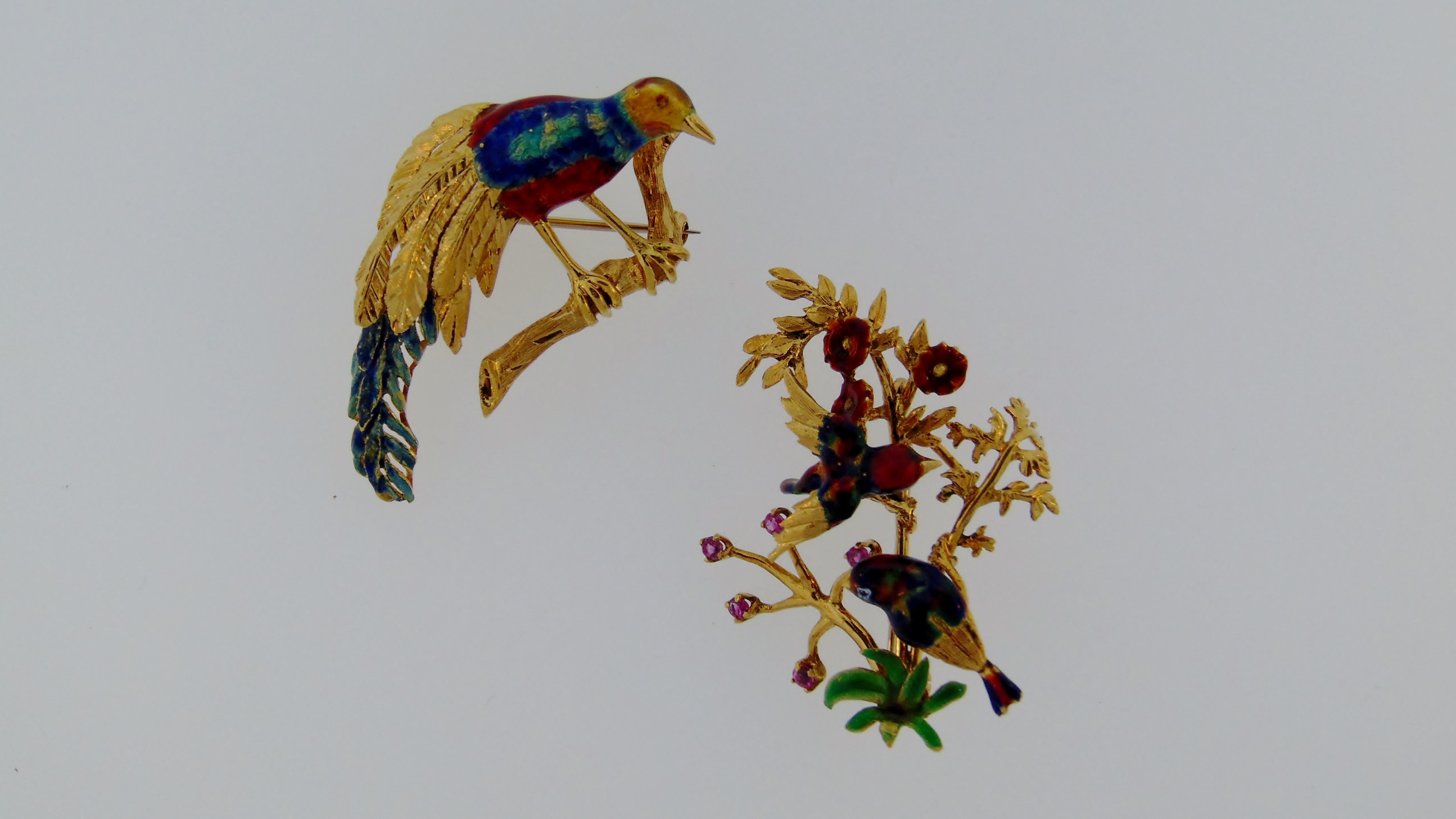 Women's or Men's Duo of Enamel Tropical Bird Brooches