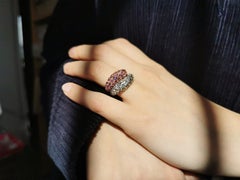 Duo of Wavy Pave-Set Pink Sapphire and Grey Diamonds Band Rings 18 K Gold