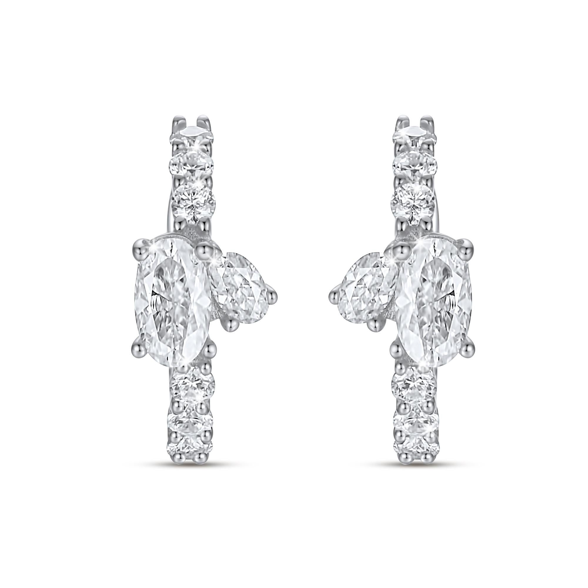 Modern Duo Oval Cut 14K White Gold Ear Cuff Earrings For Sale