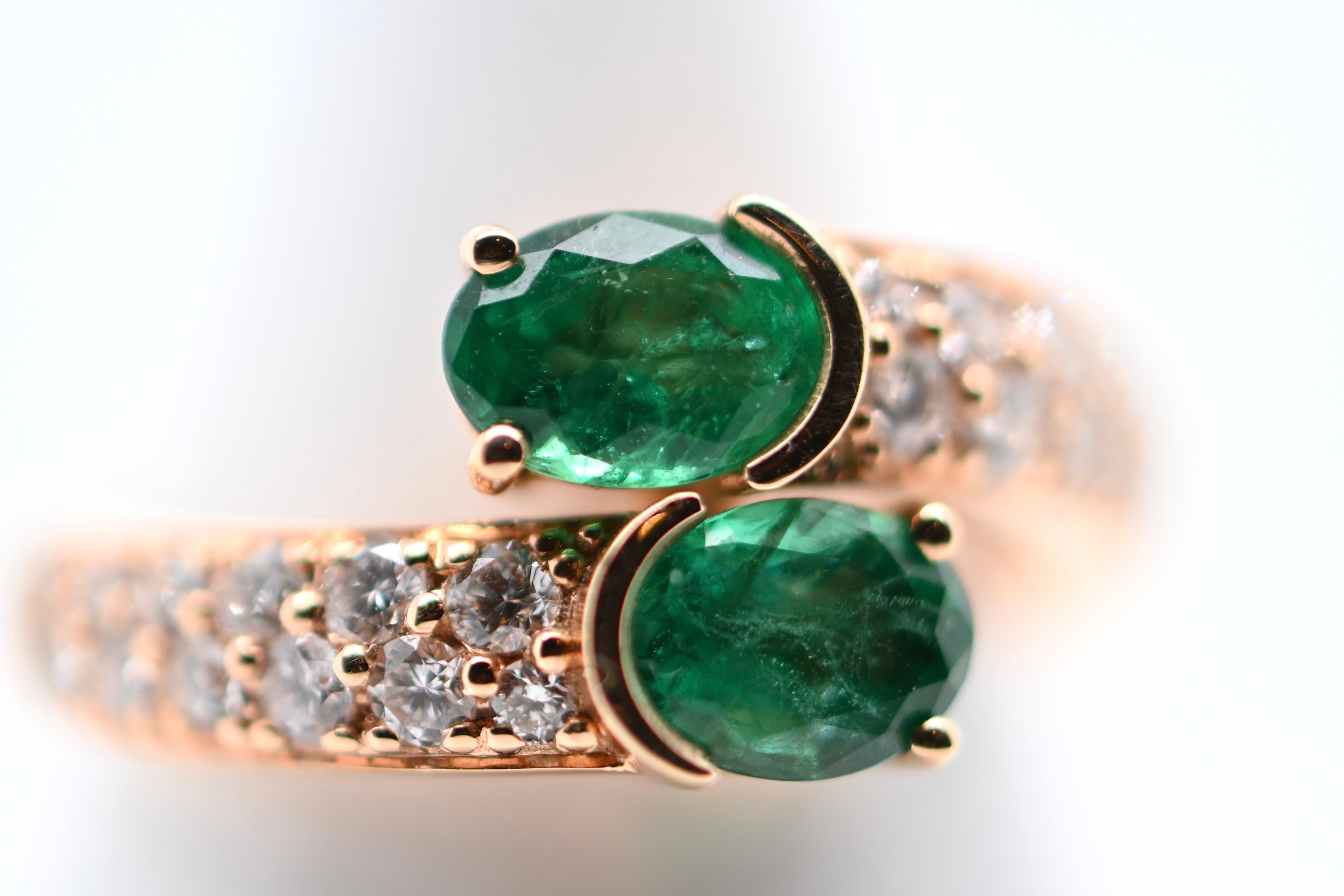 Brilliant Cut Duo Ring of Emeralds and 0.870 Carat Diamonds on 18-Carat Pink Gold For Sale