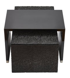 Duo Side Tables with Piano Black Lacquer and Resin Art Texture