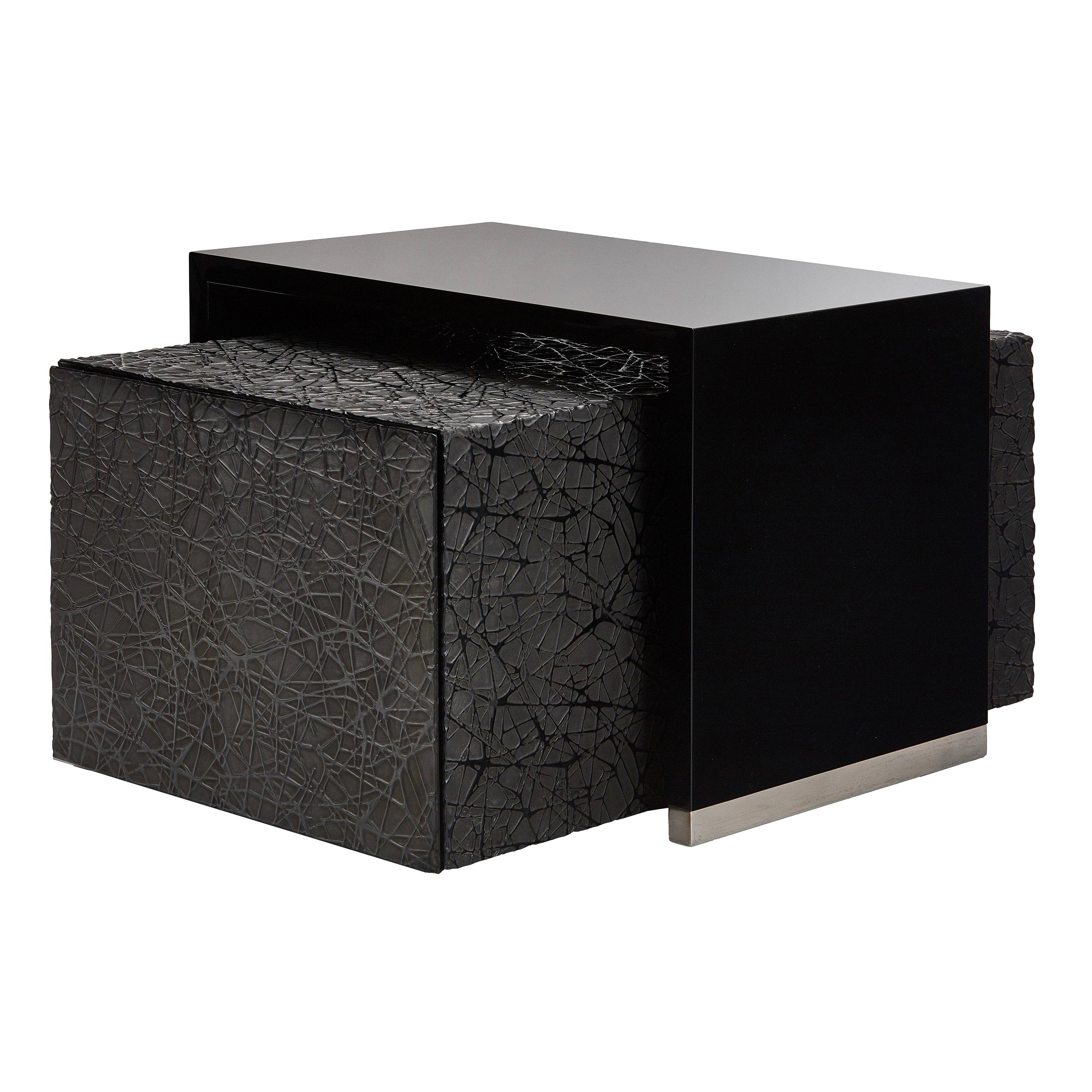 Duo Side Tables with Piano Black Lacquer and Resin Art Texture For Sale