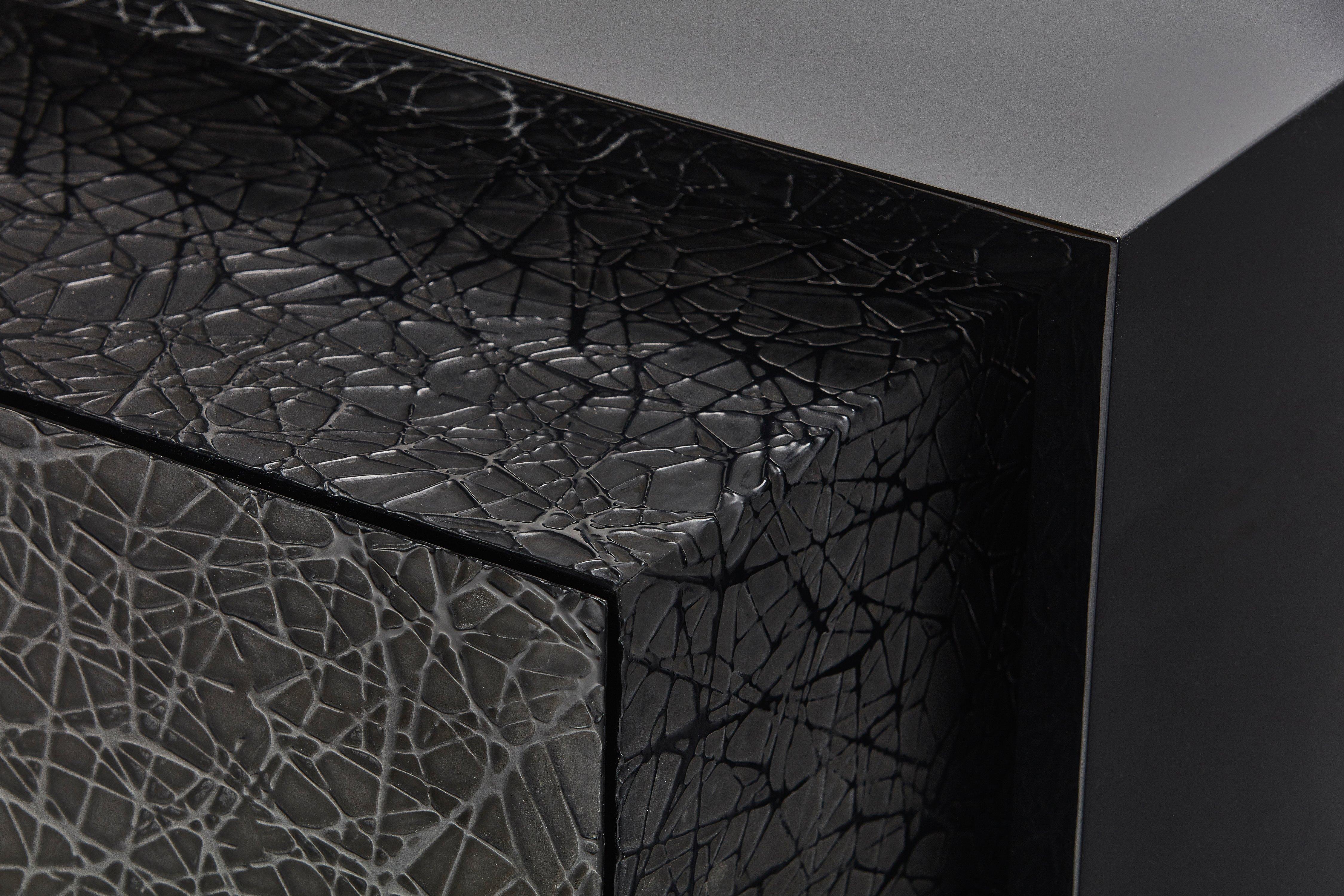 Polish Duo Side Tables with Piano Black Lacquer and Resin Art Texture, Customizable For Sale