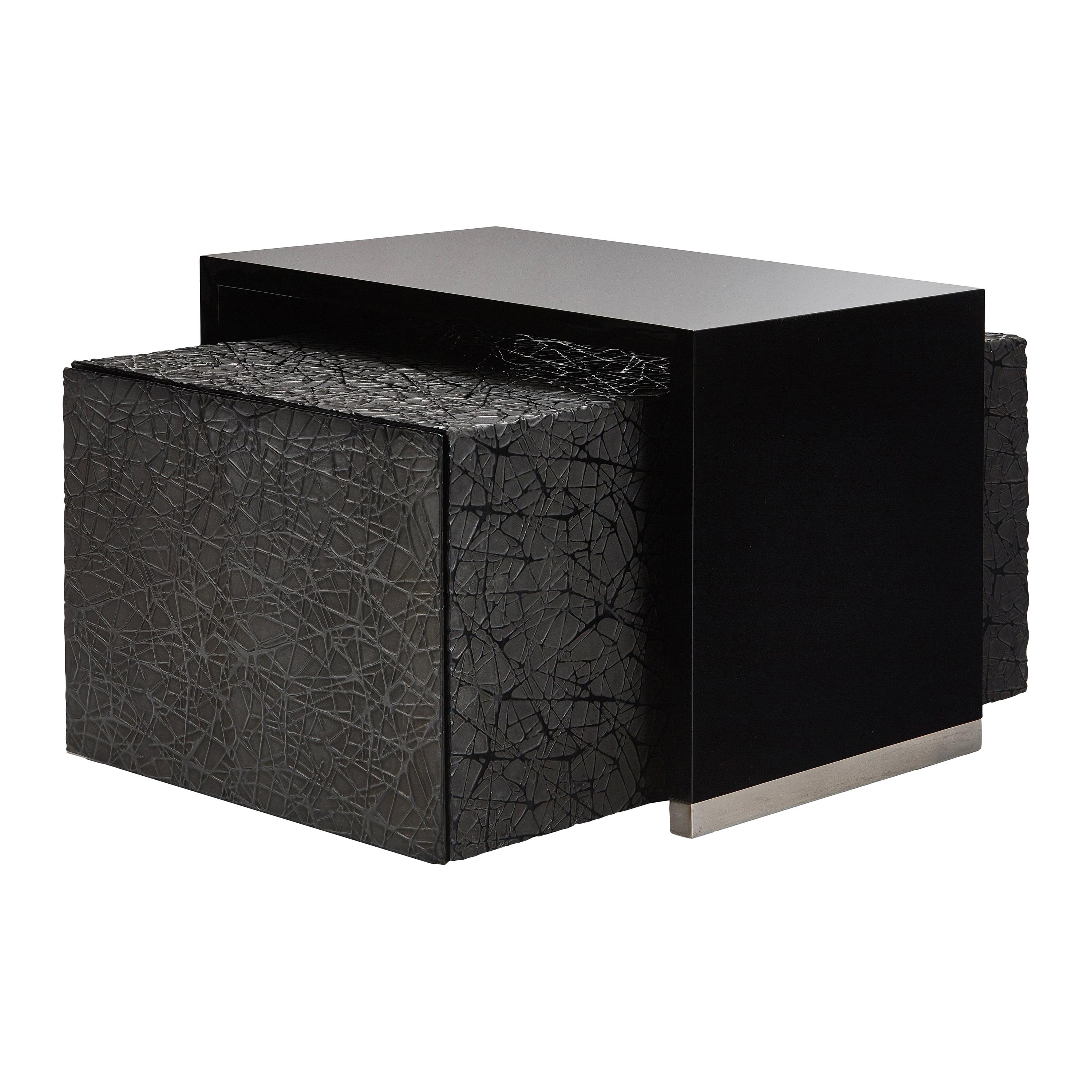 Duo Side Tables with Piano Black Lacquer and Resin Art Texture, Customizable For Sale
