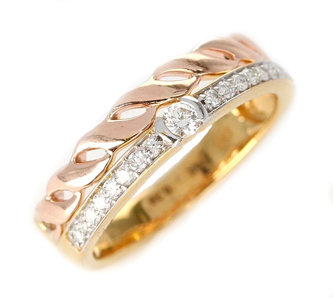A fusion of rose and yellow gold in a duo stack ring style. Diamond Weight 0.28 carats,  14K Gold. Ring Size 6. Signed D'D for D'Deco Jewels. Metal type and stones can be customized. 