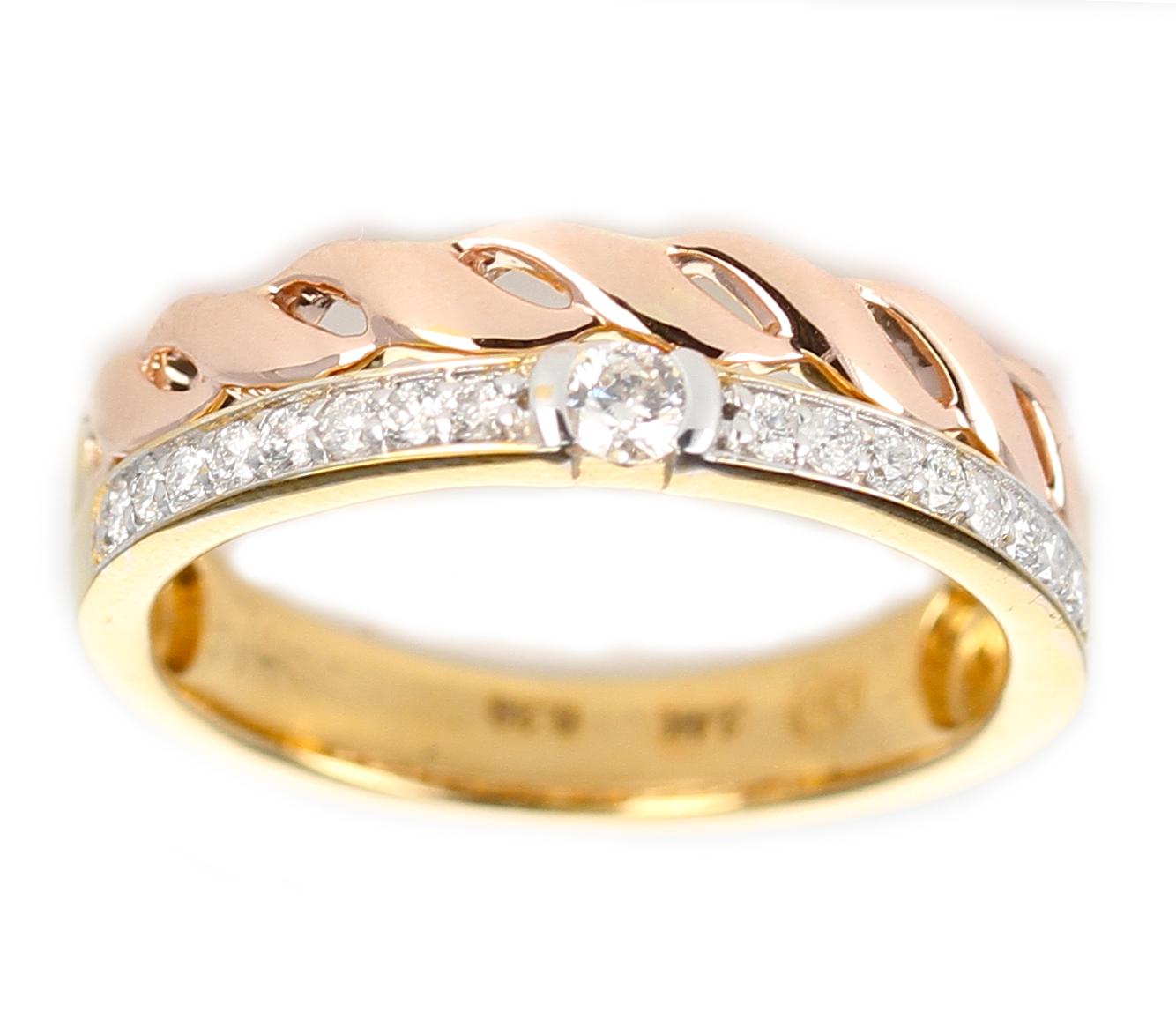 Women's or Men's Duo Stack Ring with Fusion Yellow and Rope Rose Gold with Diamonds, 14 Karat