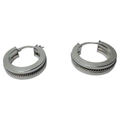 Duo-Textured 14K White Gold Wide Hoop Earrings, Art Deco, 1990s