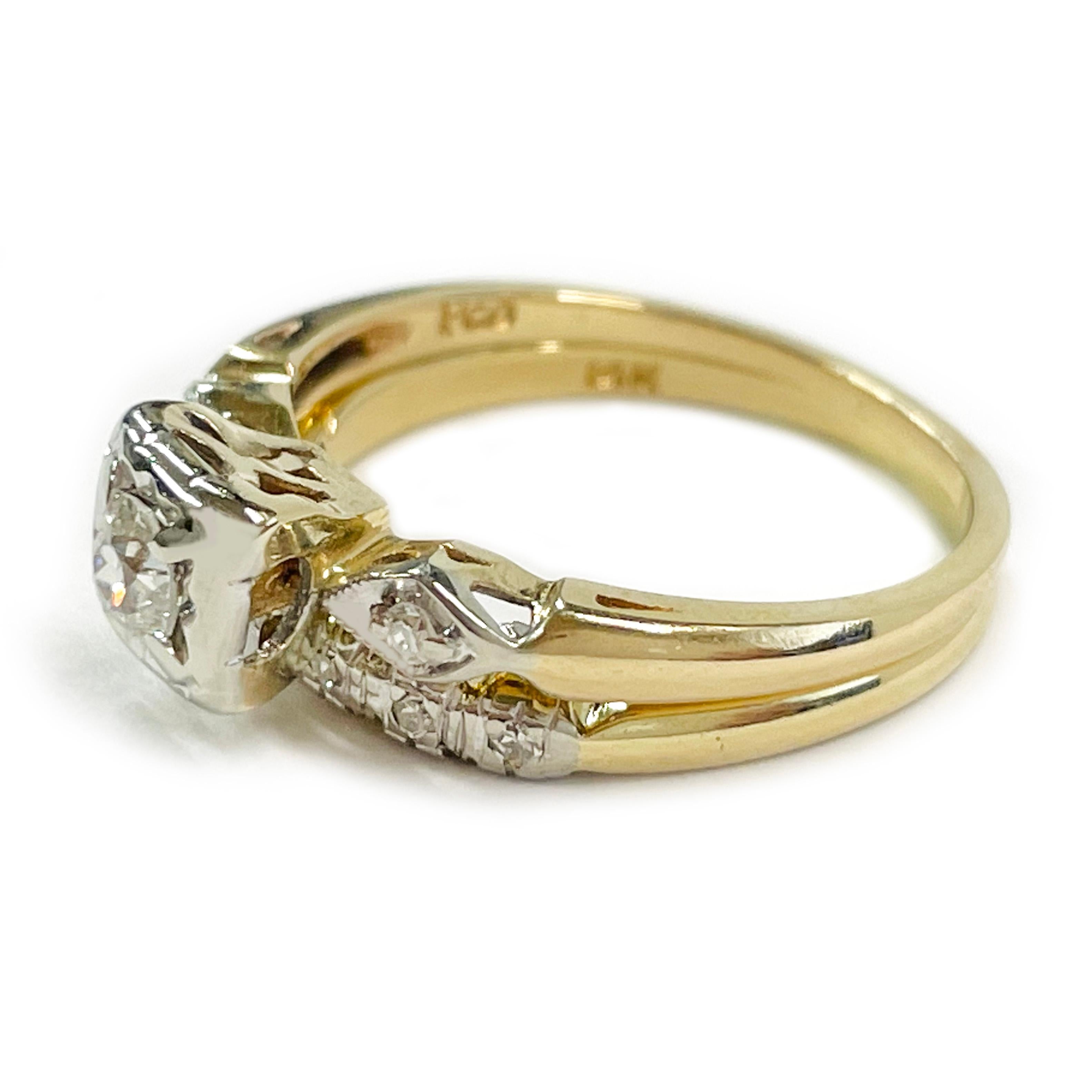 14 Karat White and Yellow Gold Diamond Wedding Ring Set. The diamond ring is simple and elegant with an illusion-set diamond 4-prong set with two side diamonds, one 1.2mm round diamond on each side. The center single-cut diamond is SI2 (G.I.A.) in
