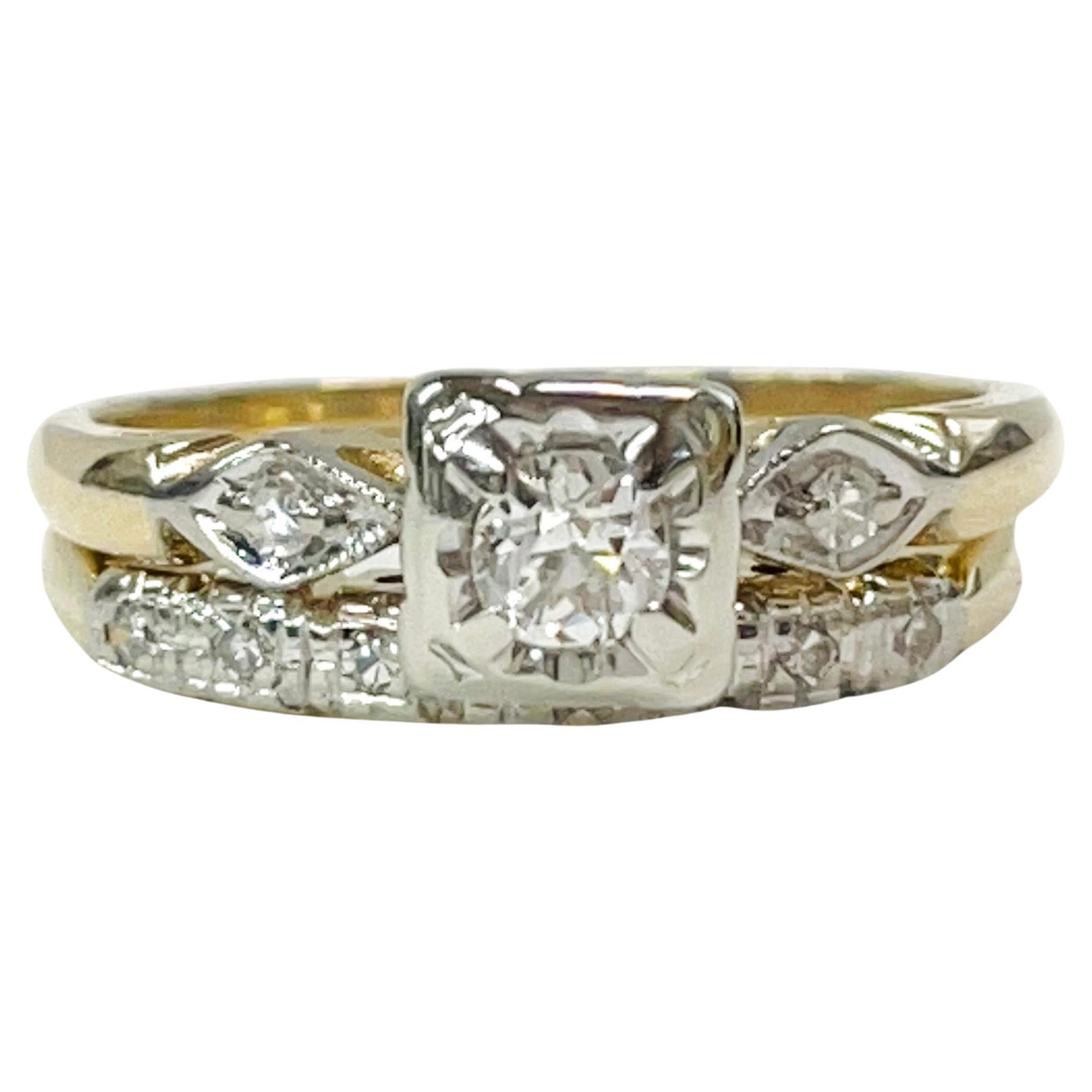 Duo Tone Diamond Wedding Ring Set For Sale