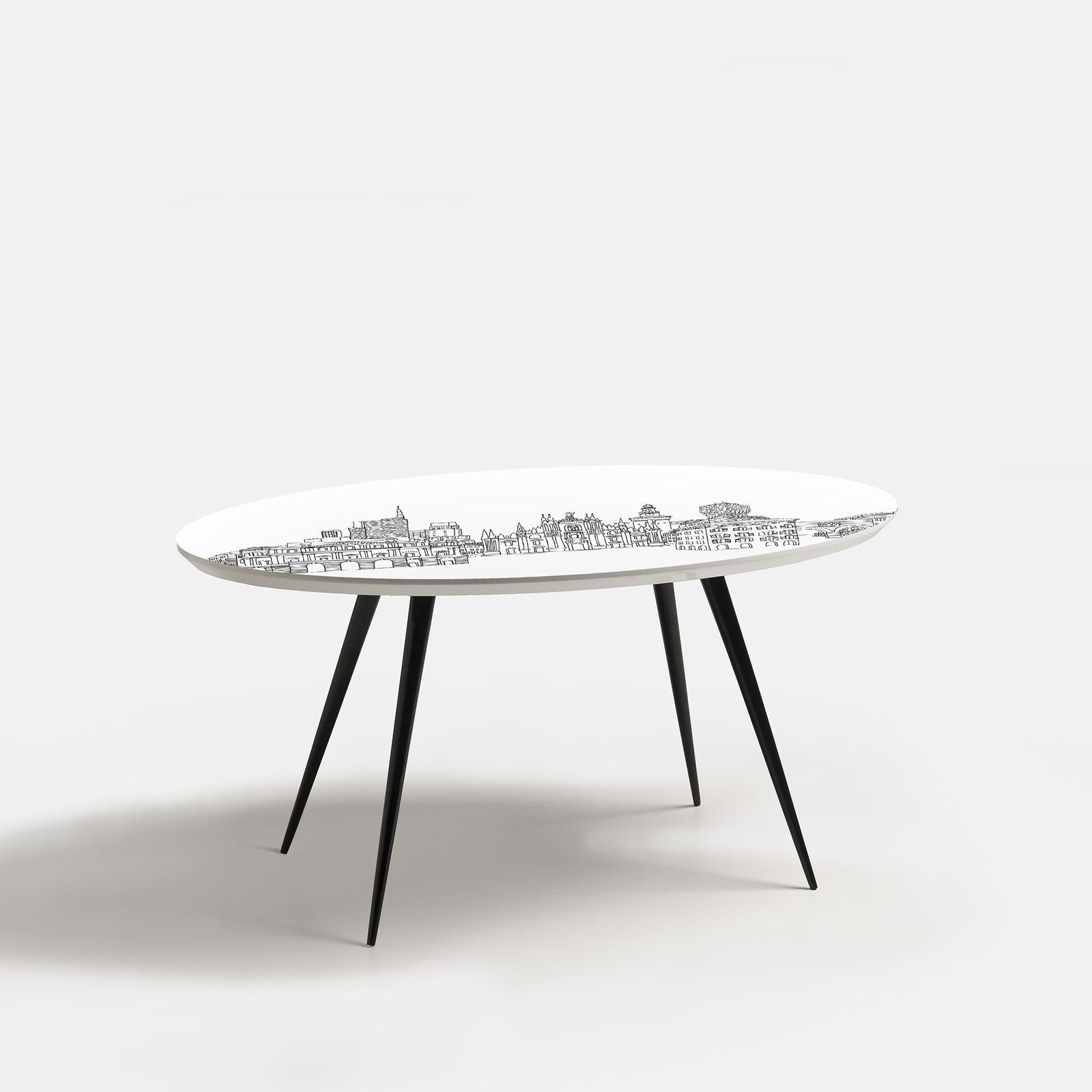 This captivating coffee table by Anna Sutor for Extroverso is part of a new series of coffee tables personally signed by the artist featuring evocative images of the most important Italian cities. Sitting atop four black conical legs, the white