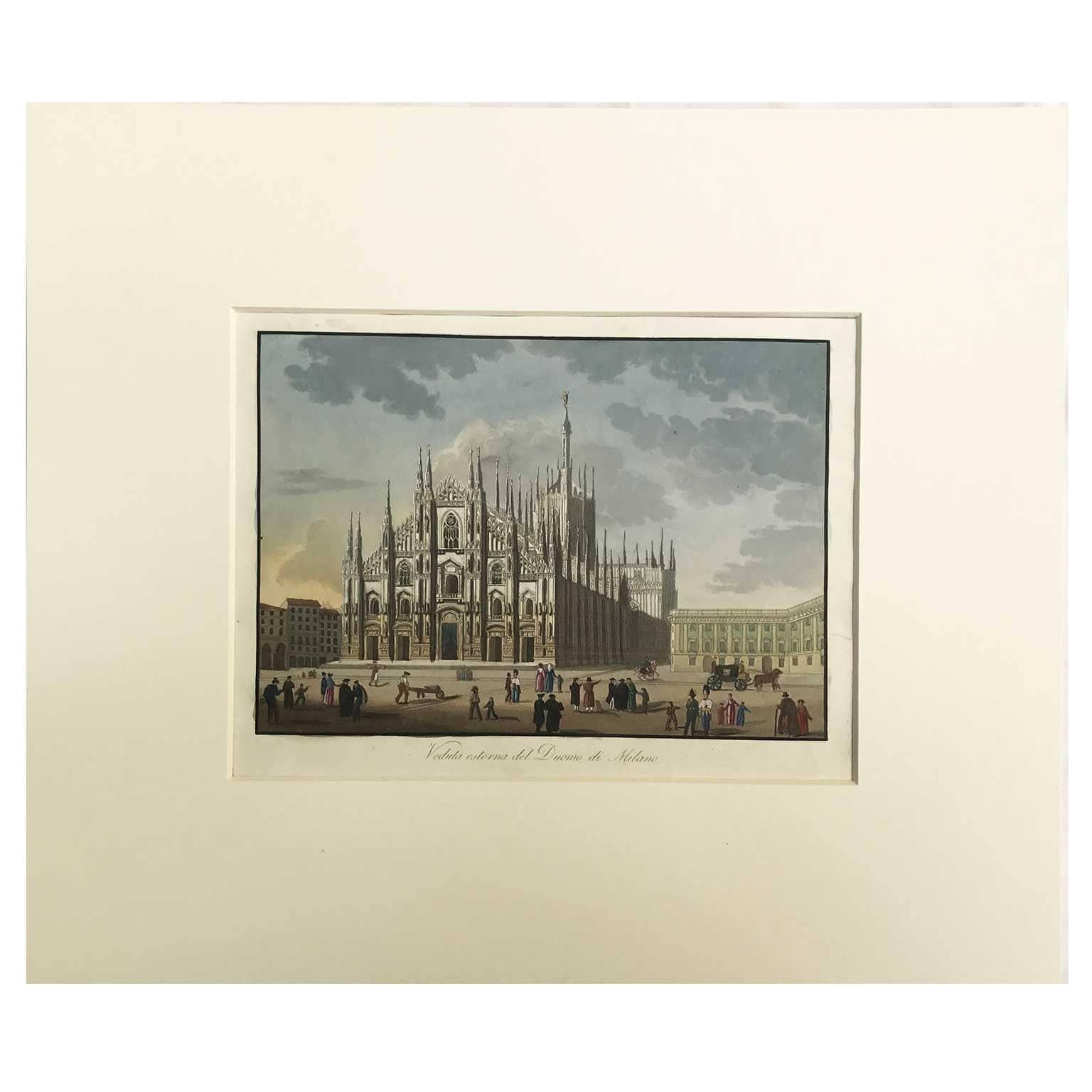 An original early 19th century engraving print, Milan Cathedral Square and the Duomo.

A stunning hand-coloured engraving, depicts a frontal view of the spectacular Gothic cathedral or Duomo in Milan, the largest church in Italy and the fifth