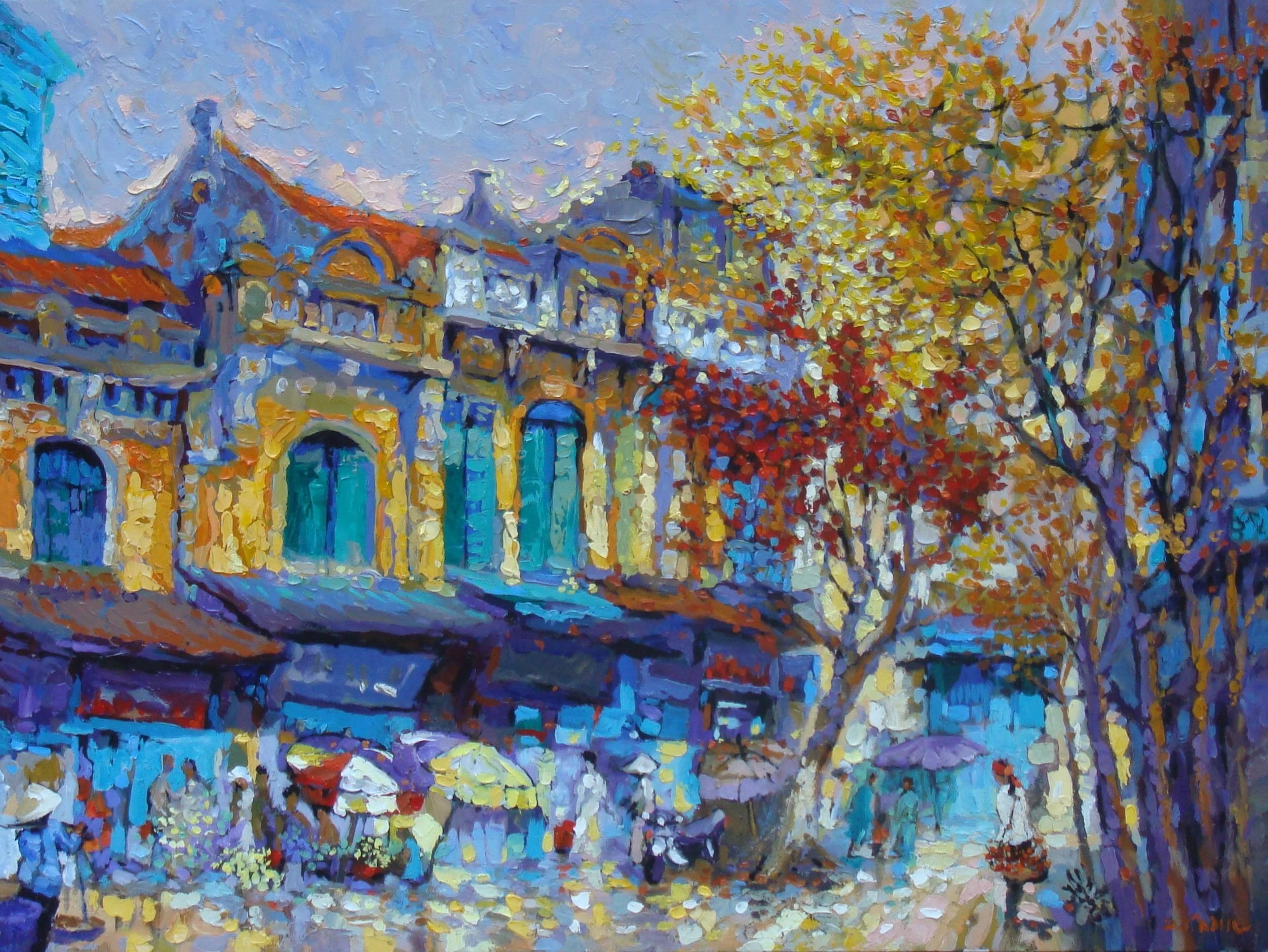 Duong Viet Nam Landscape Painting - 'Spring' Impressionist Oil Painting of a Street Scene