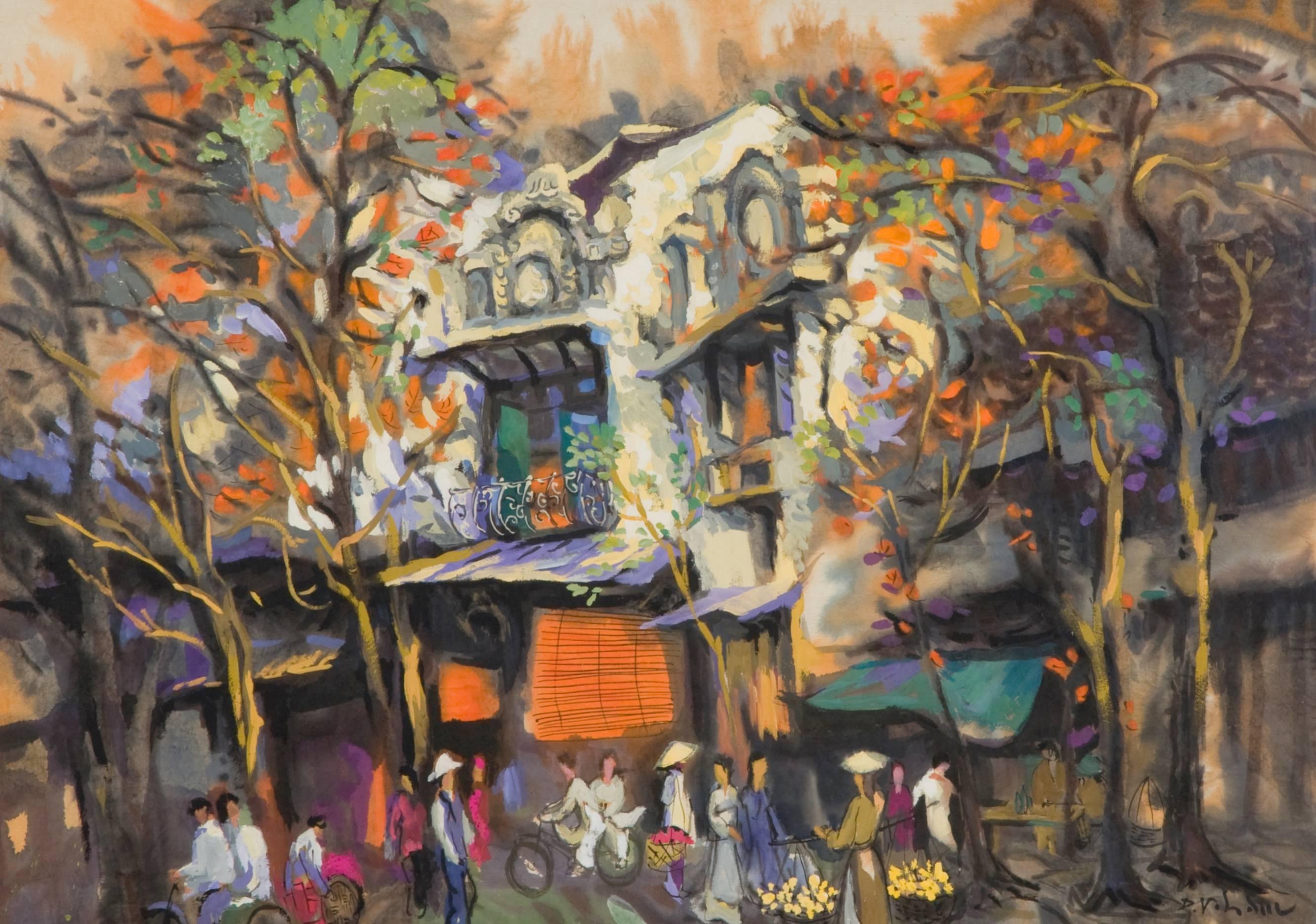Duong Viet Nam Landscape Painting - "Street Socialization" Impressionist Painting 