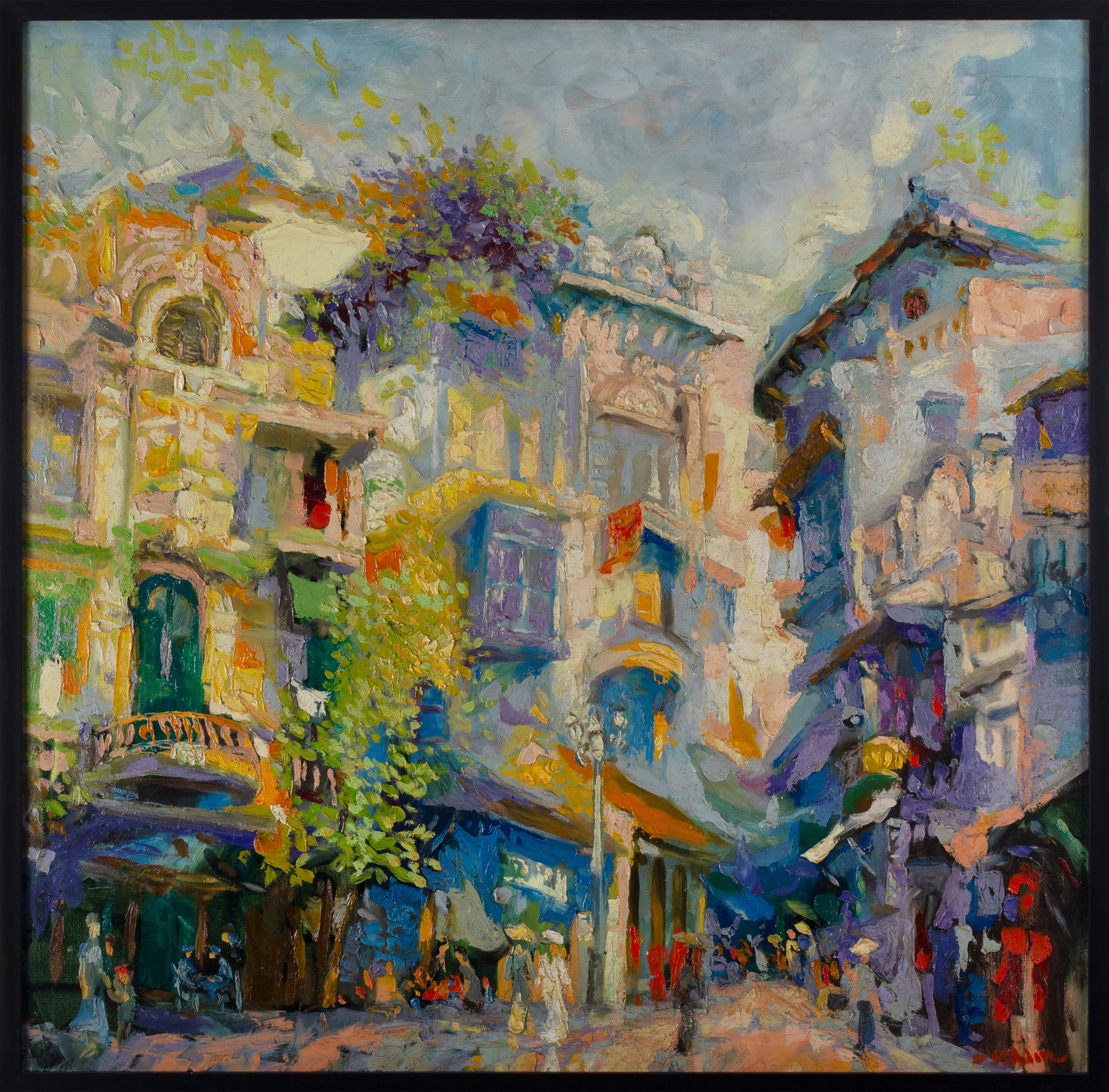 Duong Viet Nam is a Vietnamese contemporary artist known for his Post-Impressionistic style of painting. He often captures city scenes during busy parts of the day.  In his paintings you notice the French architecture which is seen throughout Hanoi.
