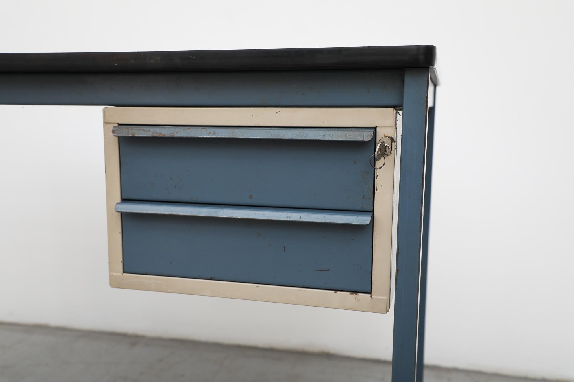 Enameled Duotone Ahrend De Cirkel Metal Desk With Two Drawers For Sale