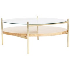 Duotone Circular Coffee Table, Brass Frame / Clear Glass / Ash Wood