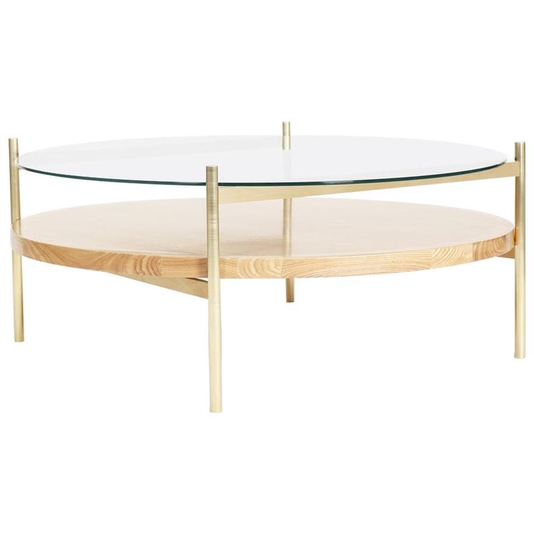 Duotone Circular Coffee Table, Brass Frame / Clear Glass / Ash Wood For