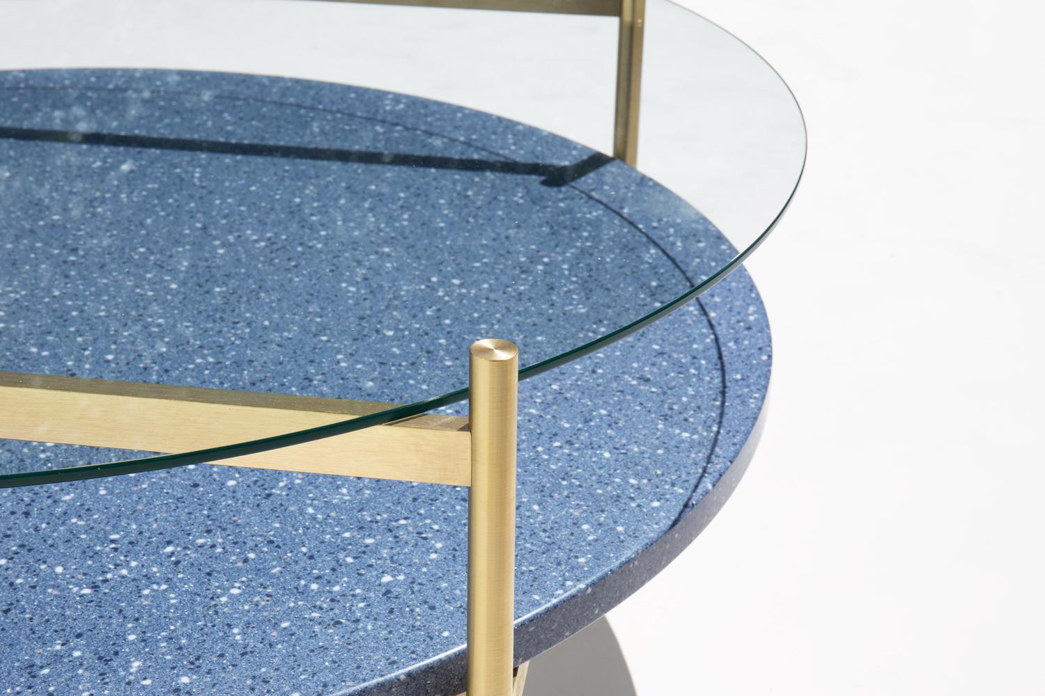 Brushed Duotone Circular Coffee Table, Brass Frame / Clear Glass / Blue Mosaic For Sale