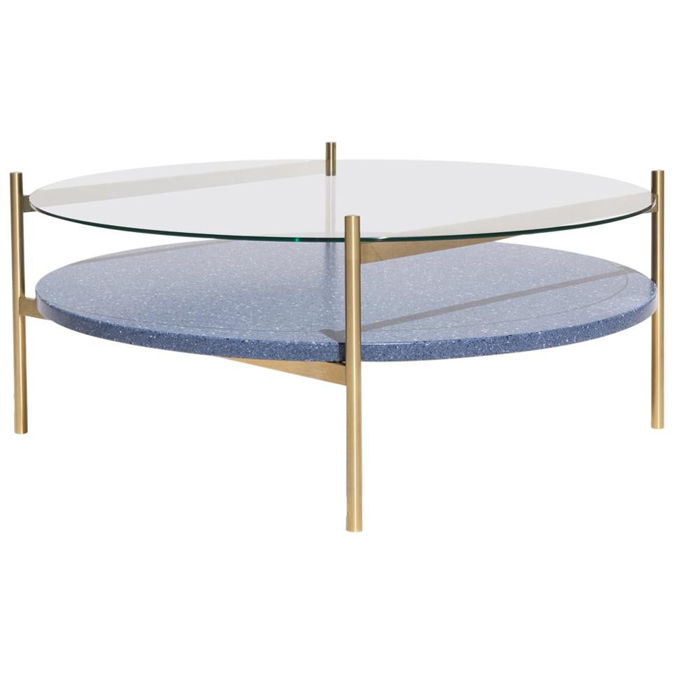 Duotone Circular Coffee Table, Brass Frame / Clear Glass / Blue Mosaic For Sale