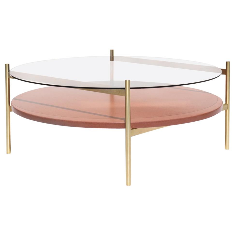 Duotone Circular Coffee Table, Brass Frame / Clear Glass / Rust Mosaic For Sale
