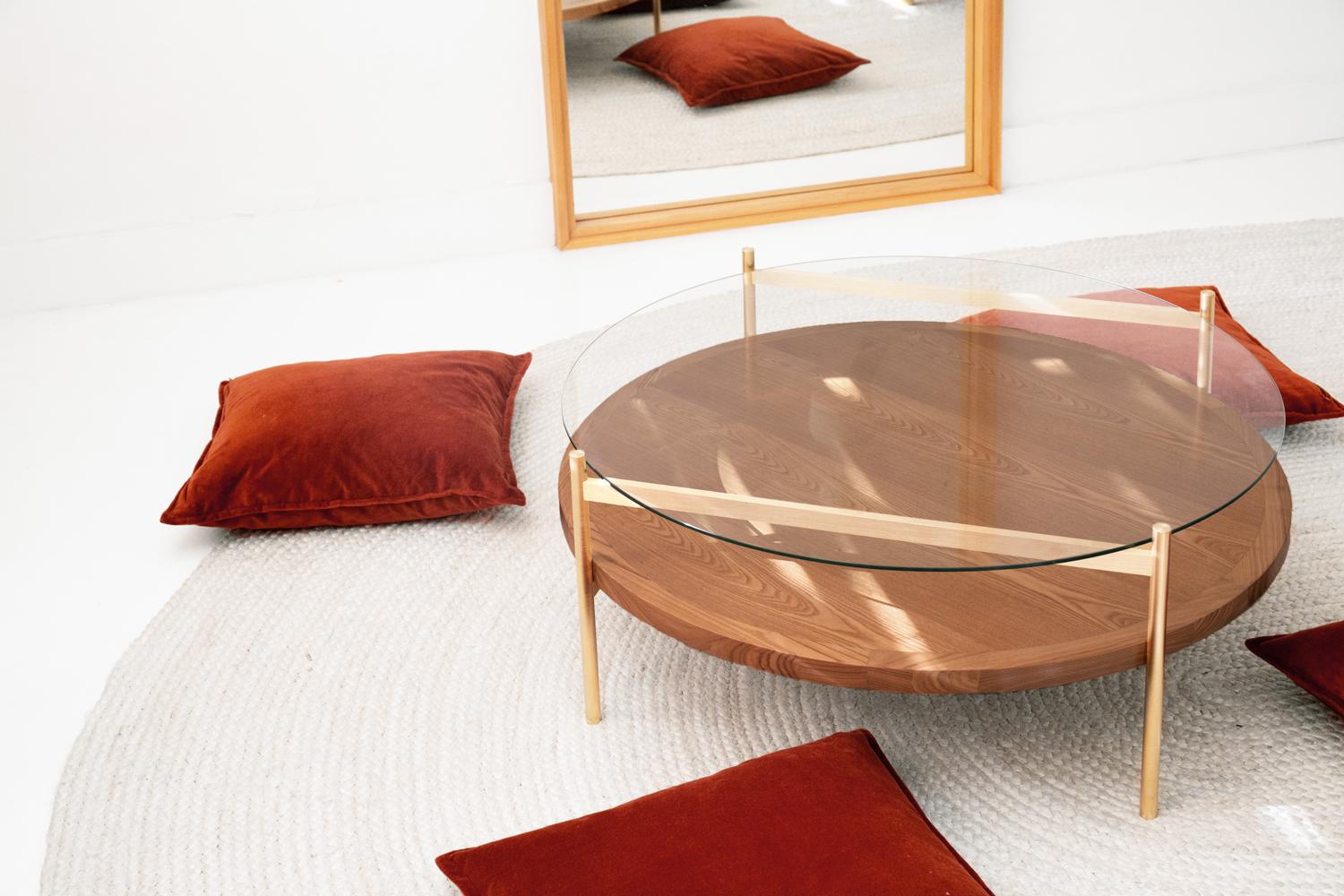 Modern Duotone Circular Coffee Table, Brass Frame / Clear Glass / Walnut Finish For Sale