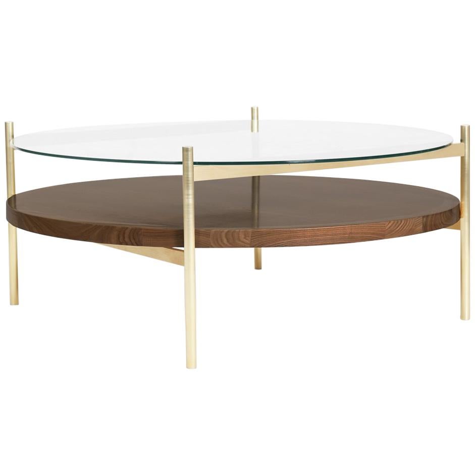 Duotone Circular Coffee Table, Brass Frame / Clear Glass / Walnut Finish For Sale