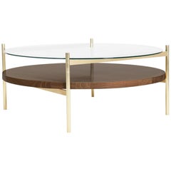 Duotone Circular Coffee Table, Brass Frame / Clear Glass / Walnut Finish