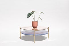 Duotone Circular Coffee Table, Brass Frame / Rose Glass / Blue Mosaic