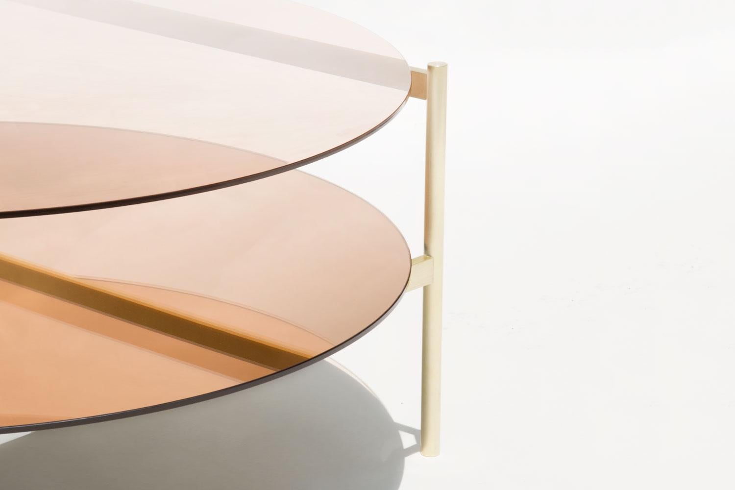 Made to order. Please allow 6 weeks for production.

Brass Frame / Rose Glass / Rose Mirror

The Duotone Furniture series is based on a modular hardware system that pairs sturdy construction with visual lightness and a range of potential