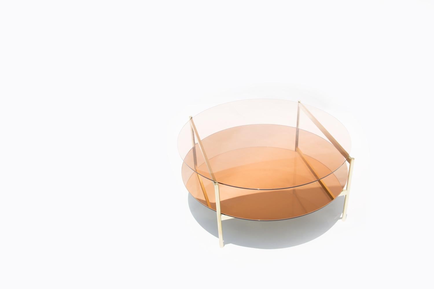 Modern Duotone Circular Coffee Table, Brass Frame / Rose Glass / Rose Mirror For Sale