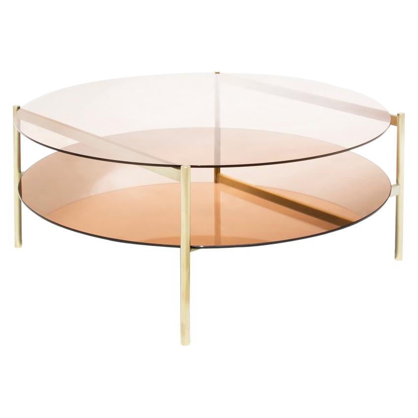 Duotone Circular Coffee Table, Brass Frame / Rose Glass / Rose Mirror For Sale