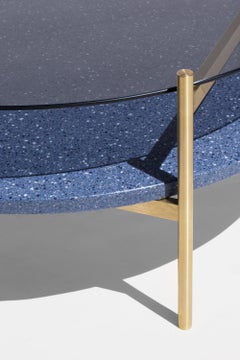 Duotone Circular Coffee Table, Brass Frame / Smoked Glass / Blue Mosaic