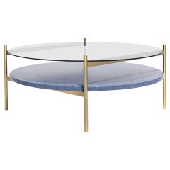 Duotone Circular Coffee Table, Brass Frame / Smoked Glass / Blue Mosaic