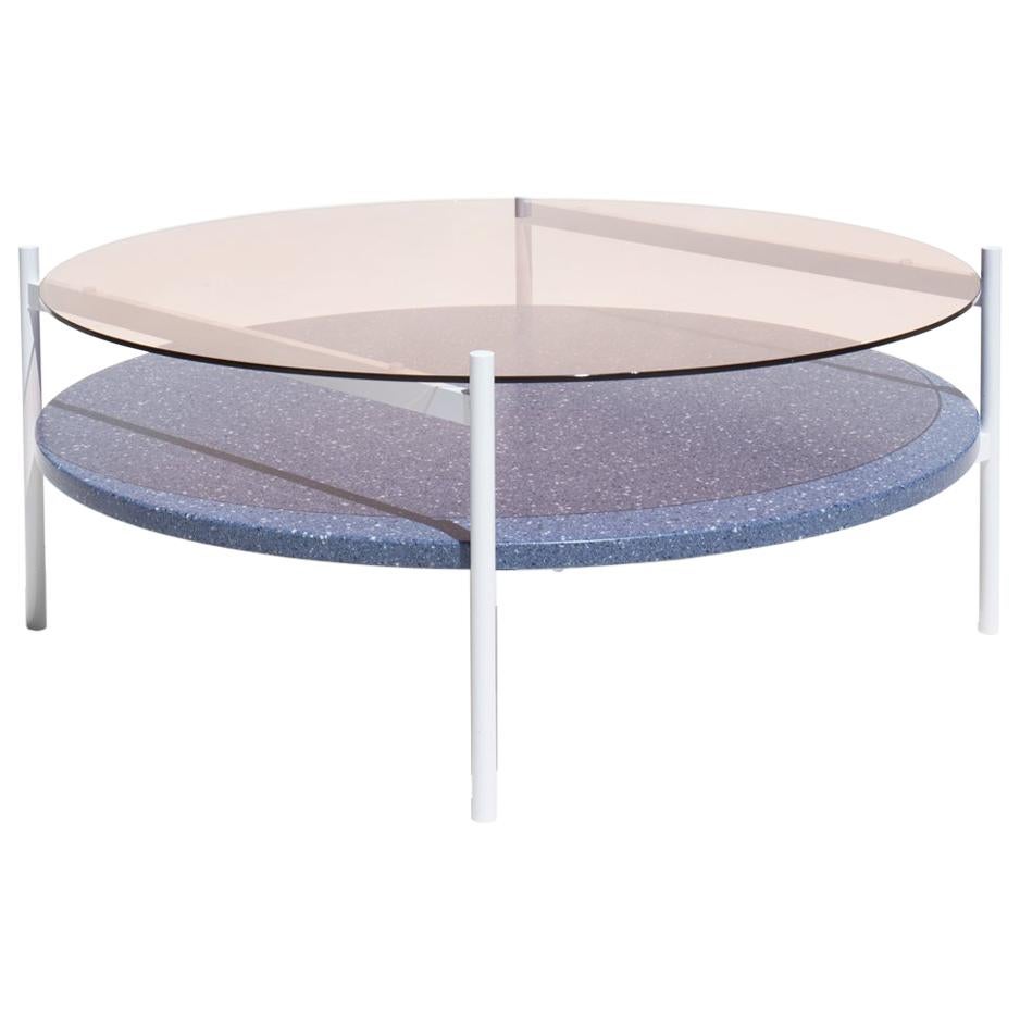 Duotone Circular Coffee Table, White Frame / Rose Glass / Blue Mosaic For Sale