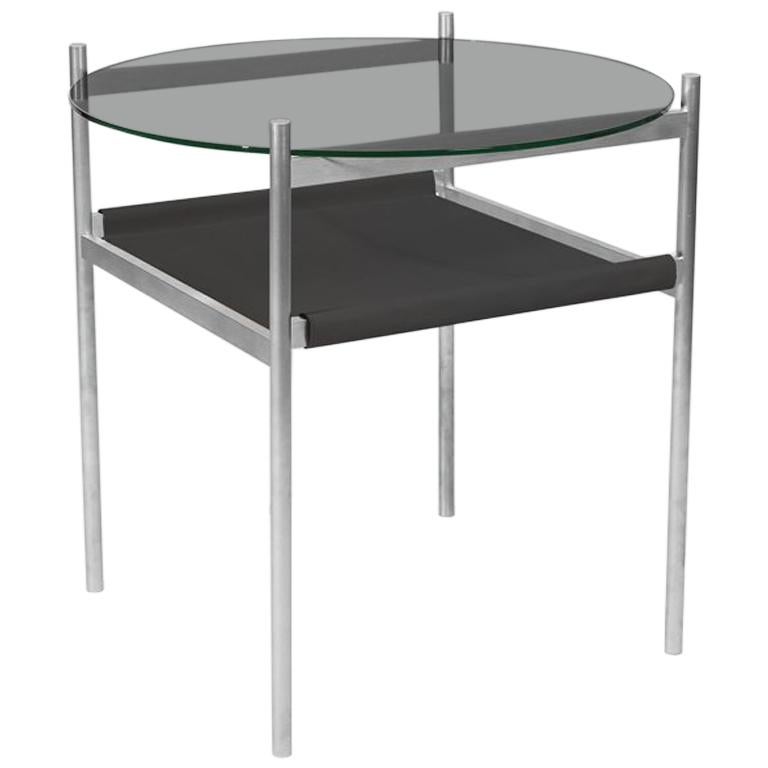 Duotone Circular Side Table, Aluminium Frame / Smoked Glass / Black Leather For Sale
