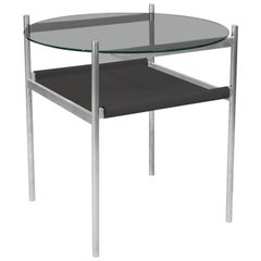 Duotone Circular Side Table, Aluminium Frame / Smoked Glass / Black Leather