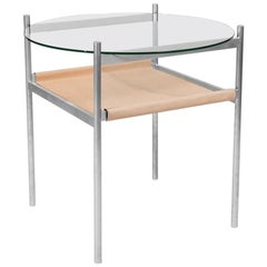 Duotone Circular Side Table, Aluminum Frame/Clear Glass/Natural Leather