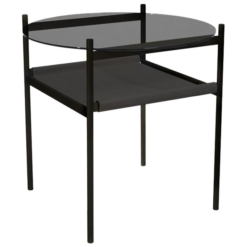 Duotone Circular Side Table, Black Frame / Smoked Glass / Black Leather For Sale