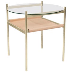 Duotone Circular Side Table, Brass Frame / Clear Glass / Natural Leather
