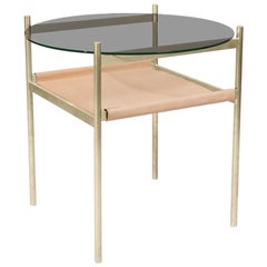 Duotone Circular Side Table, Brass Frame, Smoked Glass, Natural Leather