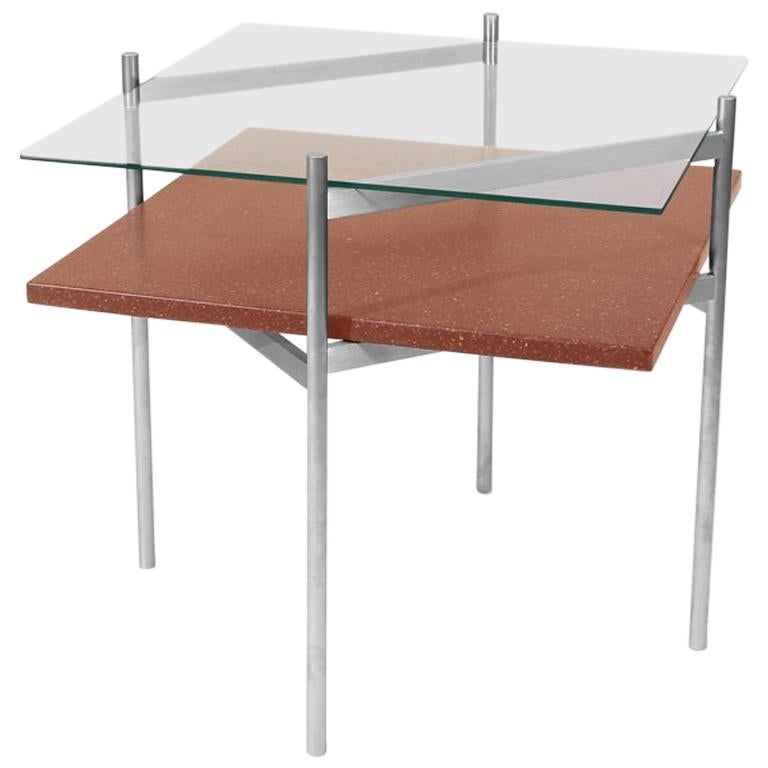 Duotone Diamond Side Table, Aluminum Frame / Clear Glass / Rust Mosaic For Sale