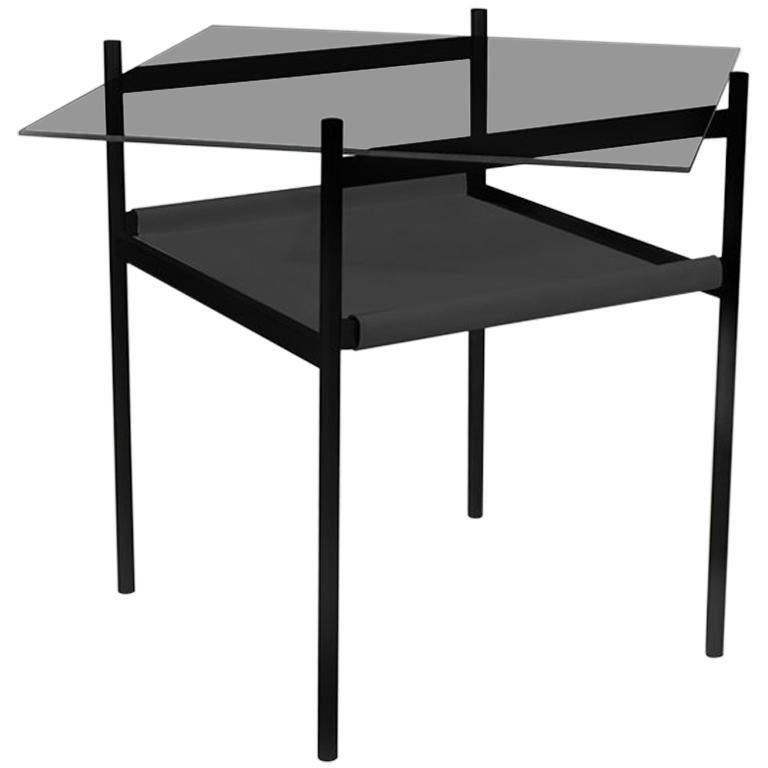 Duotone Diamond Side Table, Black Frame/Smoked Glass/Black Leather For Sale